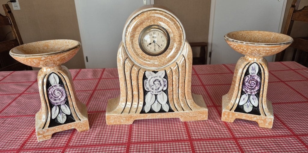 Art Deco klokstel A.M.C. Belgische keramiek – 3-delige set, Ophalen, Vintage, Gebruikt, Oranje