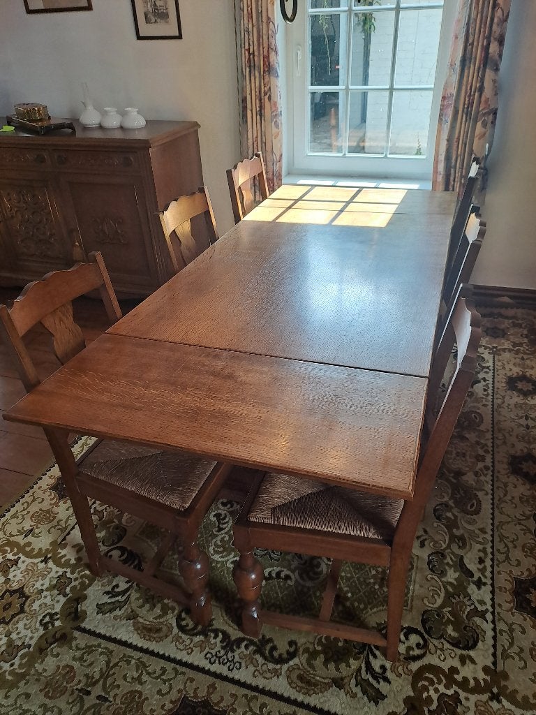 Massief eiken eethoek: Verlengbare tafel +  6 stoelen, Ophalen