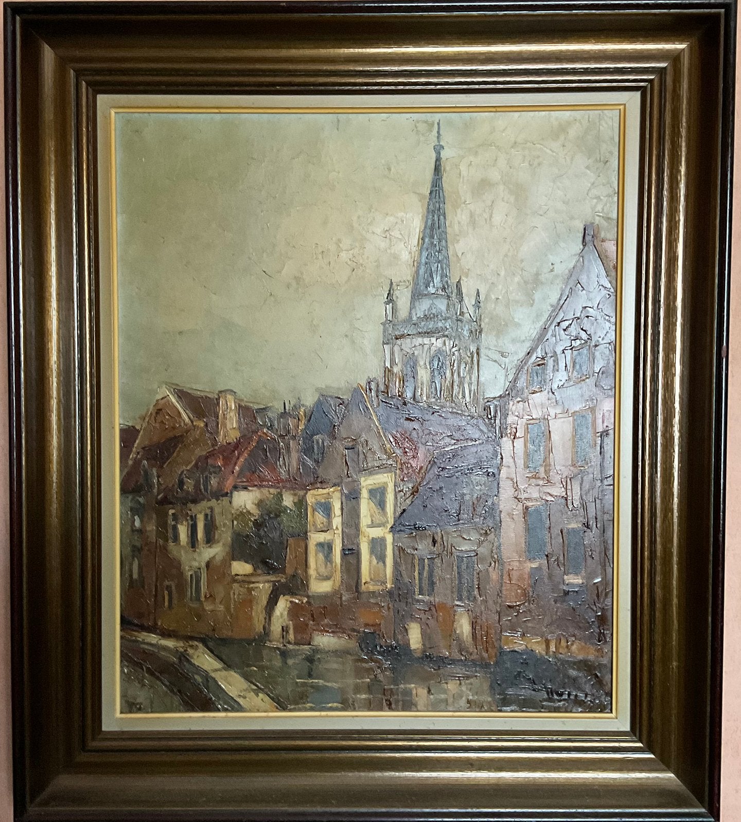 Olieverfschilderij dat de Dijle in Leuven afbeeld, Peinture à l'huile, Enlèvement, Paysage urbain / rural, Toile