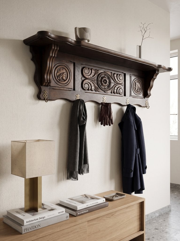 Porte-manteau mural en bois avec étagère et sculptures, Moins de 100 cm, Portemanteau mural, Enlèvement, Utilisé