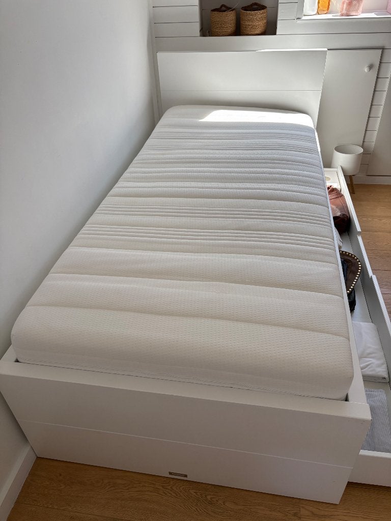 Lit 1 personne blanc BOTICA + sommier + matelas, 100 cm, 210 cm, Une personne, Contemporain