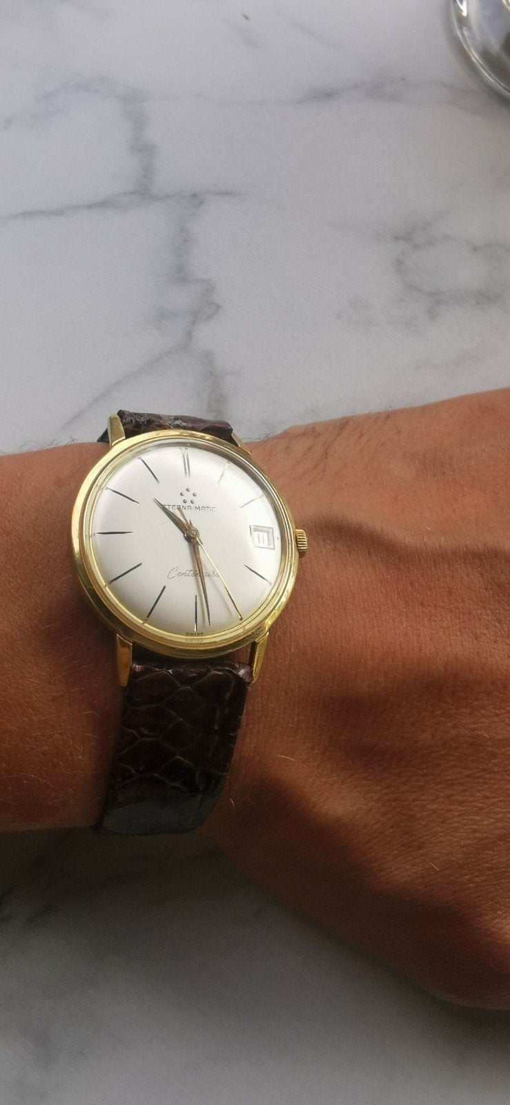 MONTRE VINTAGE ETERNA-MATIC CENTENAIRE – OR MASSIF 18K (750), Enlèvement, Or, Cuir