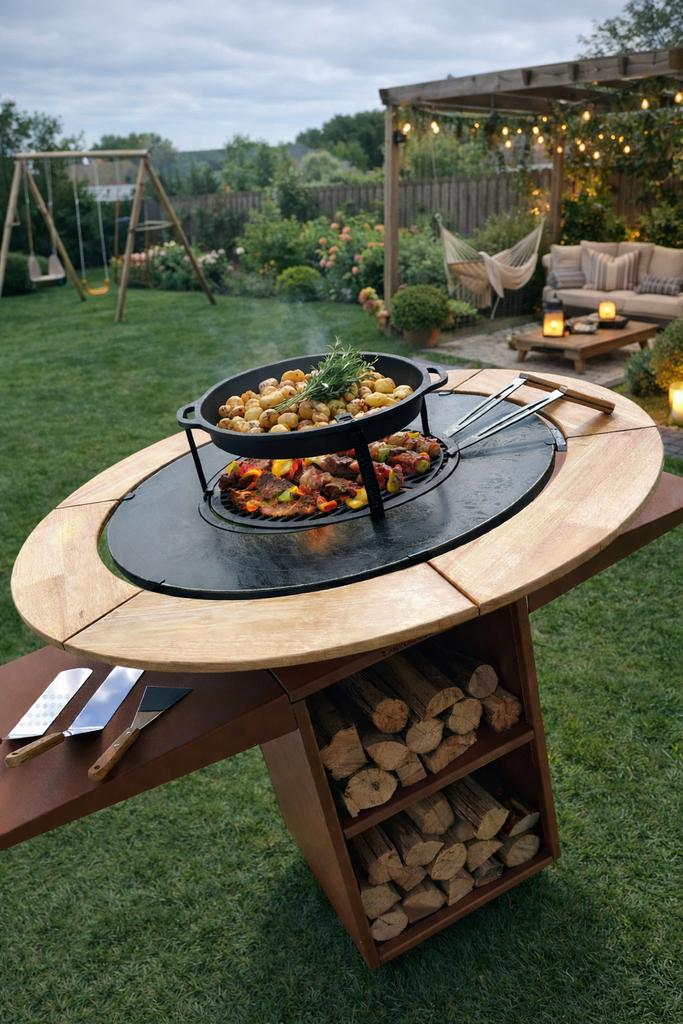 RAYANE vuurpot + accessoires inbegrepen (houtbarbecue), Tuin en Terras, Houtskoolbarbecues, Ophalen, Zo goed als nieuw