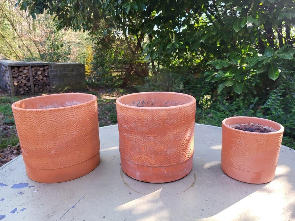 Set van 3 terracotta bloempotten met motiefje, Tuin en Terras, Bloempotten, Ophalen, Terracotta