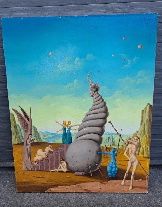huile sur panneau le regne des utopies signe carl prevot, Antiek en Kunst, Ophalen of Verzenden, Paneel