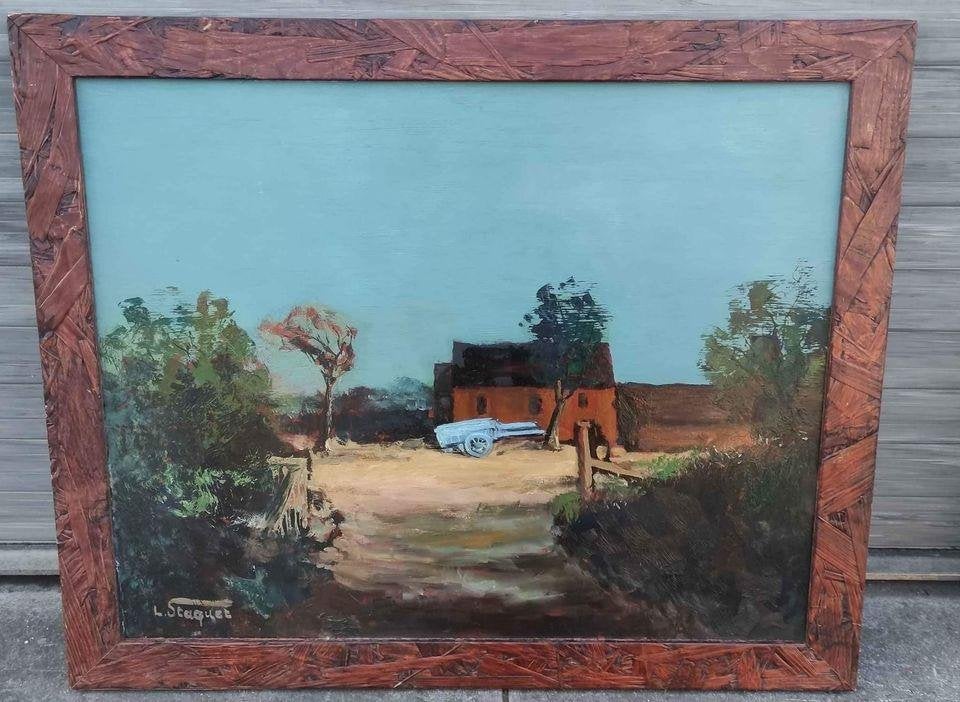 Huile sur panneau signe Lucien staquet, Antiquités & Art, Enlèvement ou Envoi, Panneau