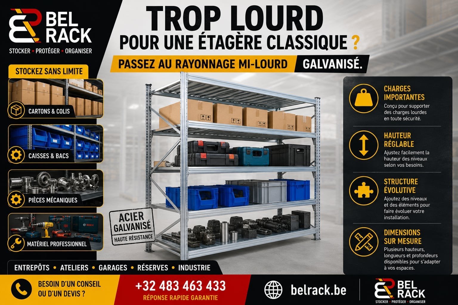 Rayonnage mi-lourd (Étagère robuste mi-lourd), Enlèvement ou Envoi, Belrack, Belgique, Métal