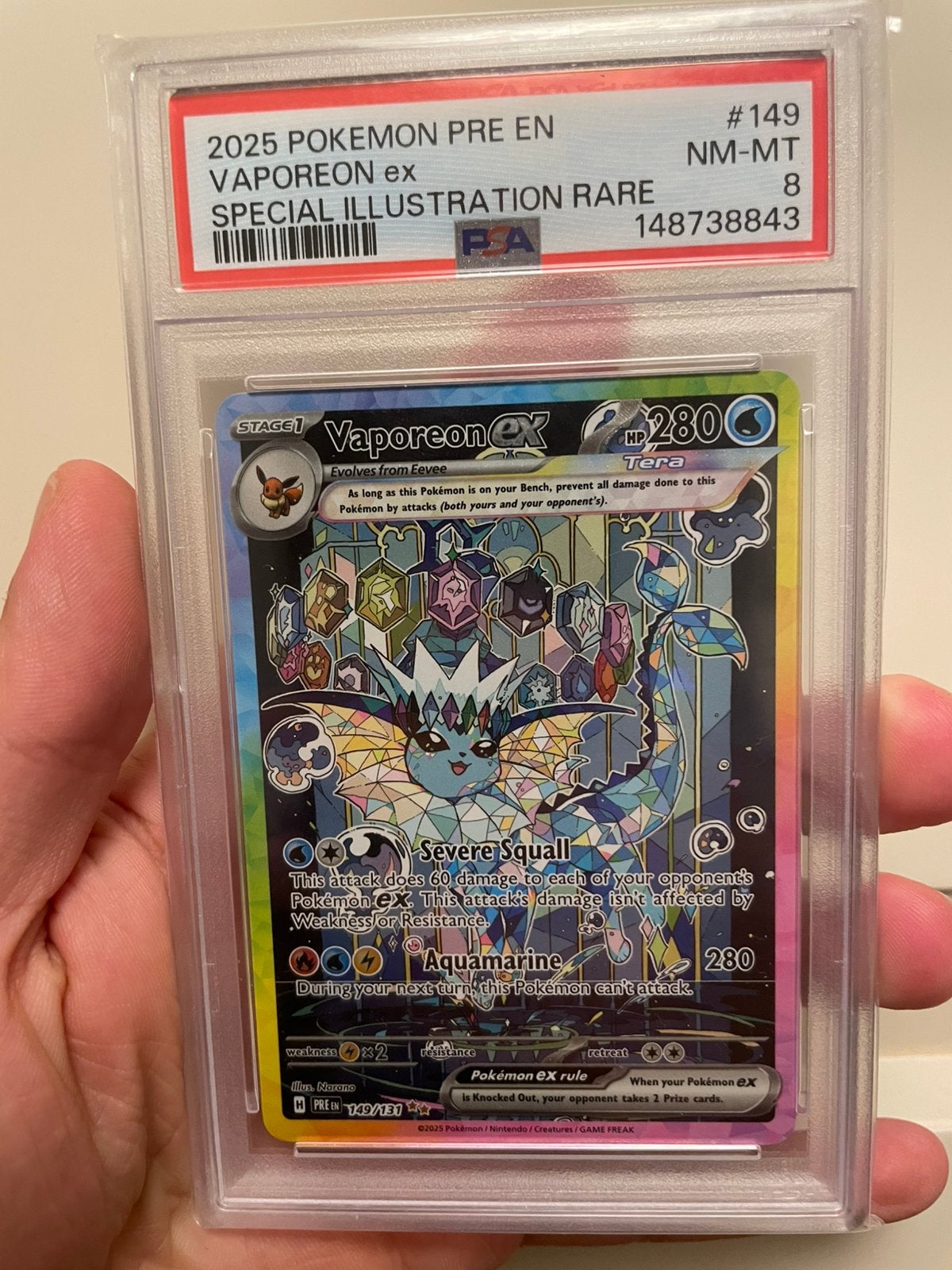 Pokémon Vaporeon ex 149/131 PSA 8 – Prismatic Evolutions, Ophalen of Verzenden, Nieuw, Losse kaart, Foil