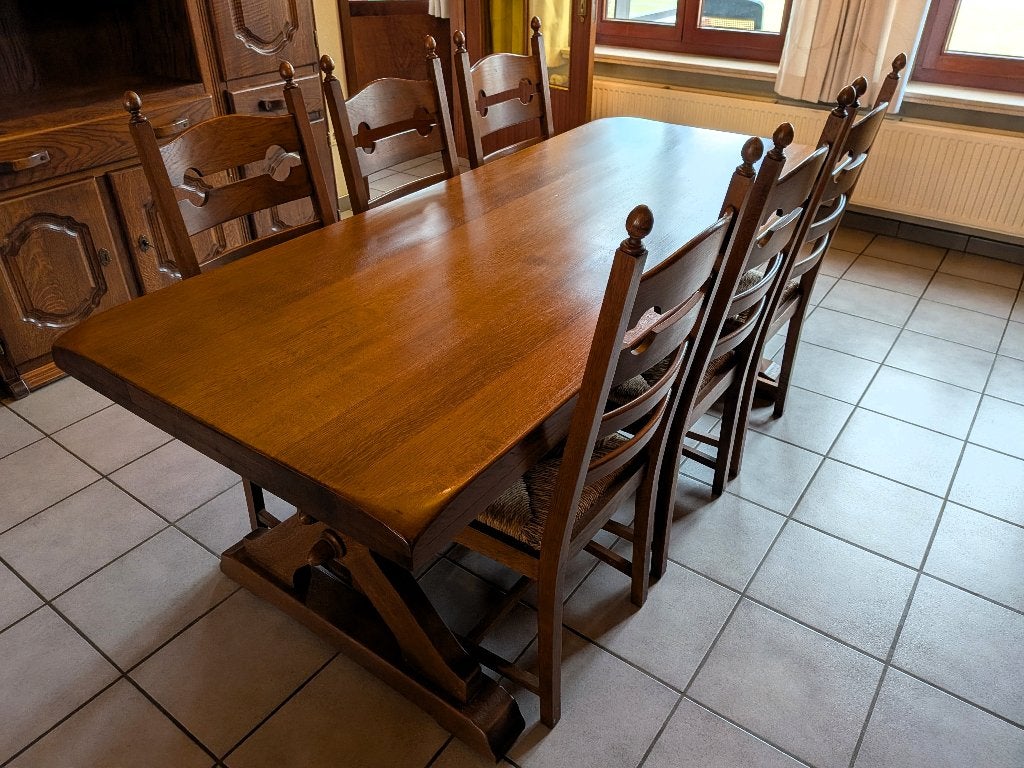 massief eiken eettafel + 6 bijpassende stoelen, Ophalen, Gebruikt, 4 tot 6 stoelen