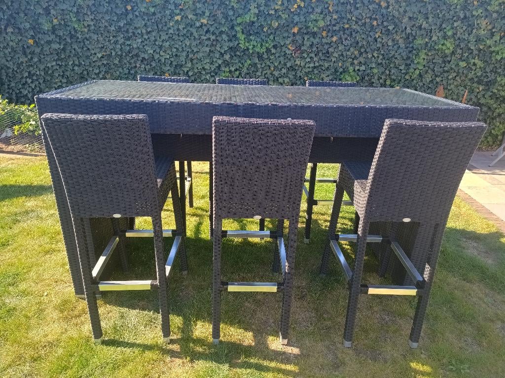 Terrastafel en bijhorende stoelen, Ophalen, Zo goed als nieuw, Kunststof, 6 zitplaatsen