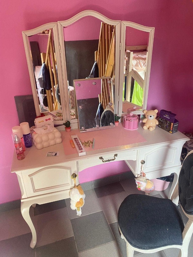 Bureau/coiffeuse make-up avec miroir et chaise, Moins de 100 cm, Blanc, Comme neuf, 100 à 150 cm