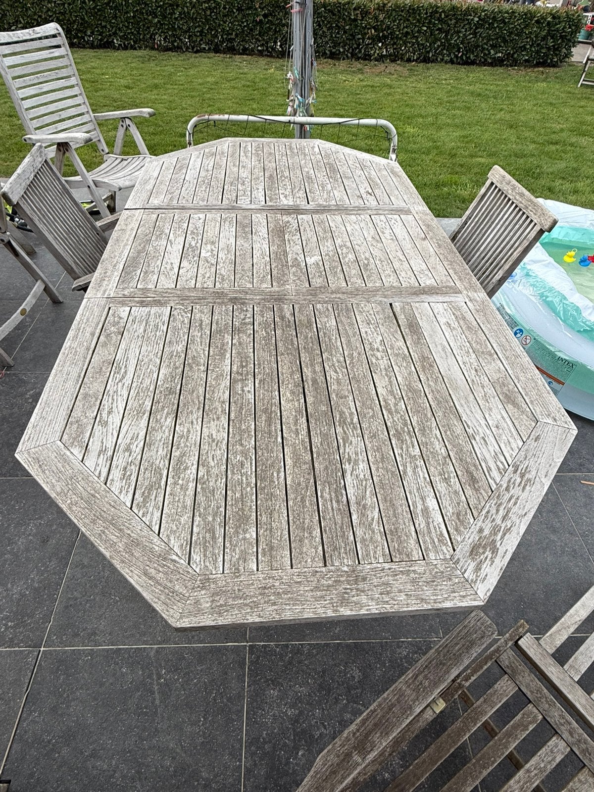 Teak tafel met stoelen, Ophalen, Gebruikt, Teakhout, 8 zitplaatsen