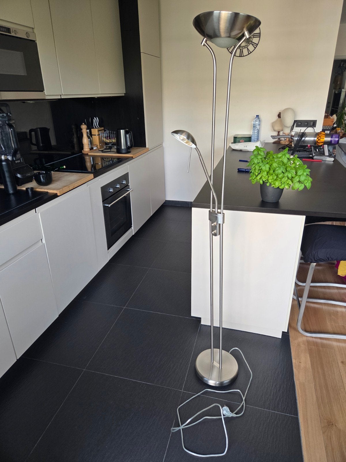 Moderne Staanlamp / Uplighter met Leeslamp – RVS - €10, Ophalen, Metaal