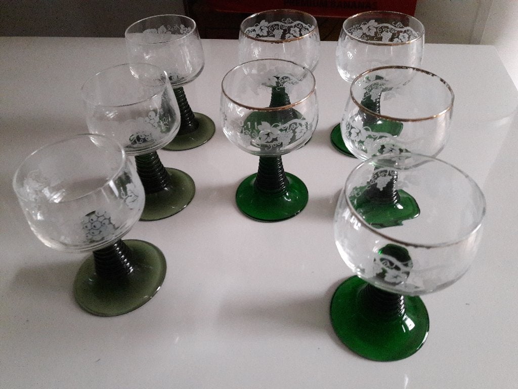 8 vintage Roemer wijnglazen groene voet, Enlèvement