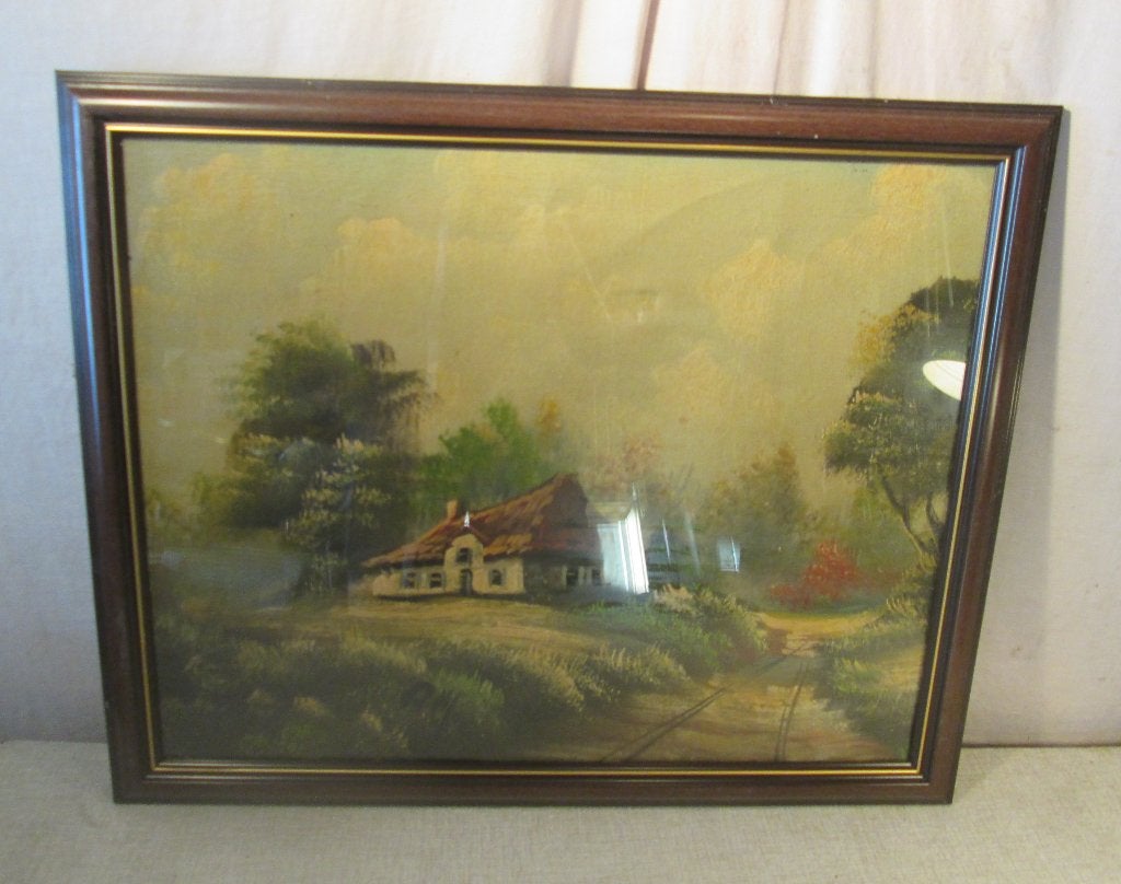 Mooi Geschilderd Werk 'Boerderij en Aarden Weg' - 56x46, Antiek en Kunst, Kunst | Schilderijen | Klassiek, Doek, Achter glas, Ophalen of Verzenden