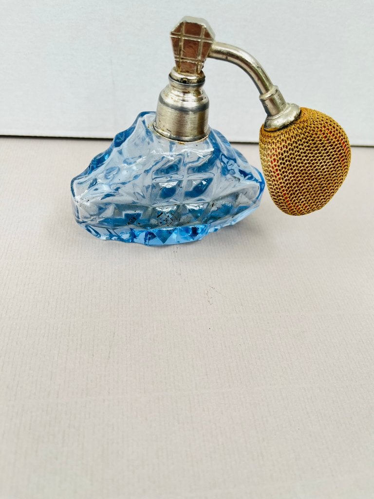 Vintage blauwe verstuiver Art Deco boudoir parfumflesje, Ophalen of Verzenden