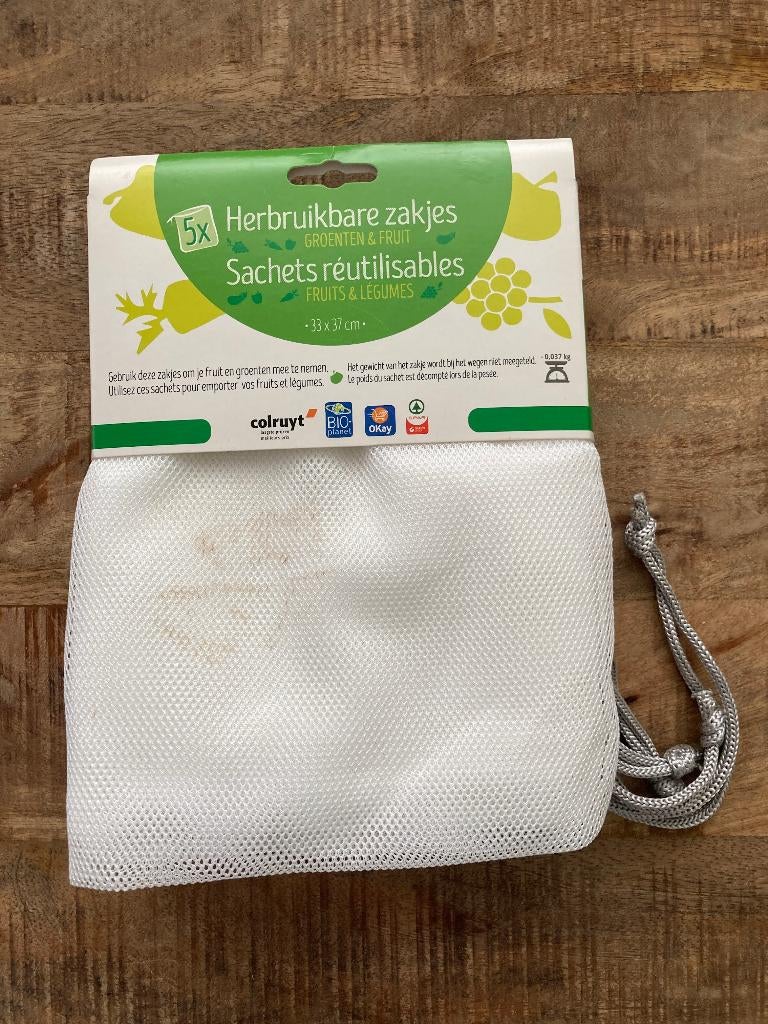 Set van 5 herbruikbare groenten & fruit zakjes - Colruyt, Enlèvement ou Envoi, Neuf, Blanc