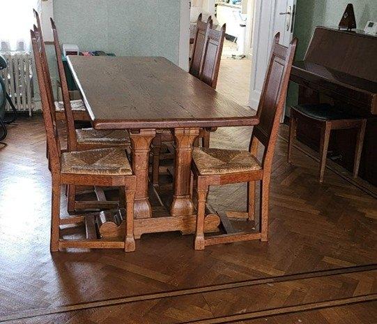Ensemble chêne massif : Table monastère+6 ch. paillées, Enlèvement