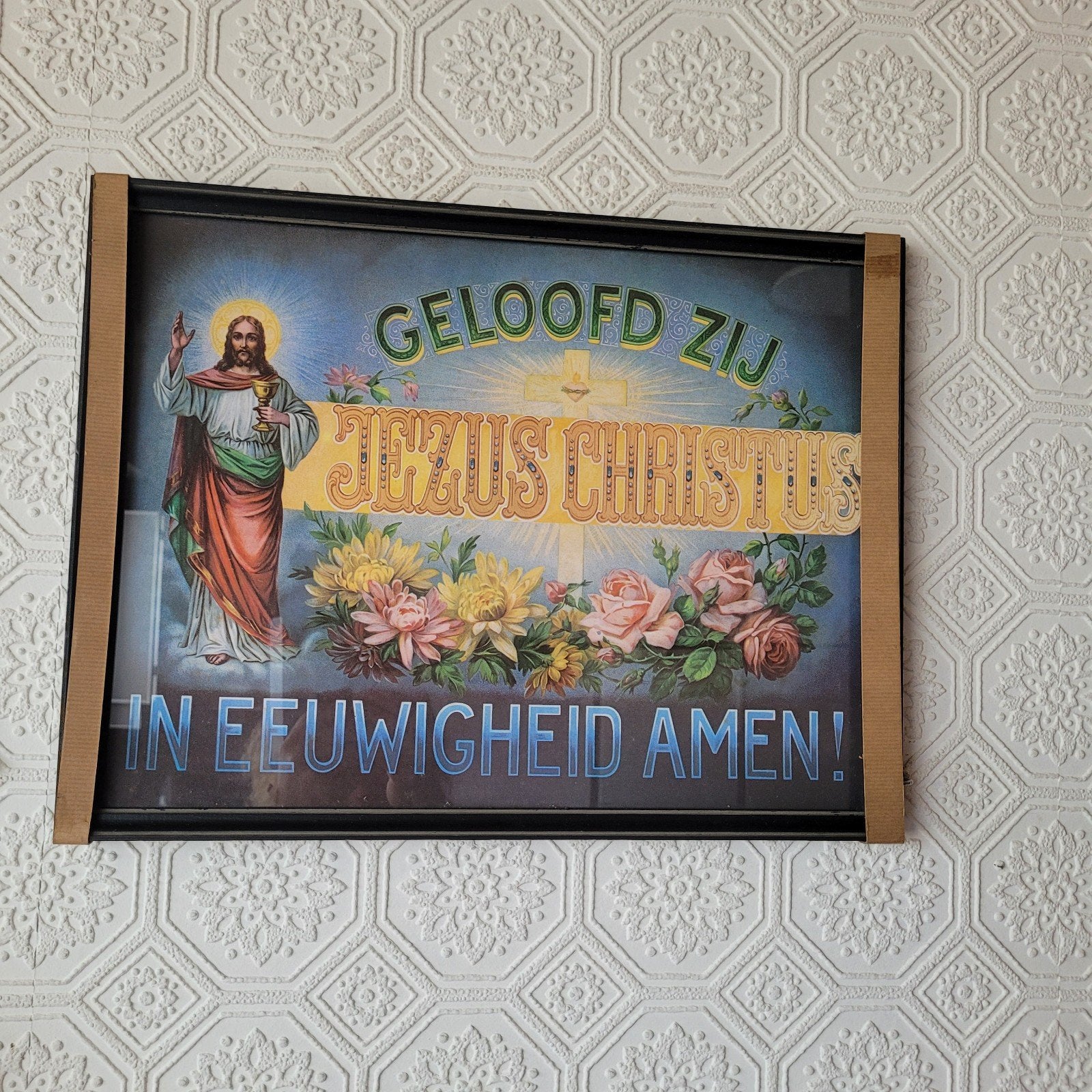 Antieke religieuze prent in houten lijst, Antiek en Kunst, Ophalen