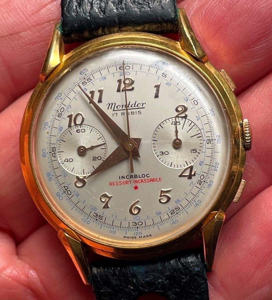 MONTDOR chronograafhorloge in goud en staal als nieuw, Handtassen en Accessoires, Horloges | Dames, Ophalen, Leer, Polshorloge