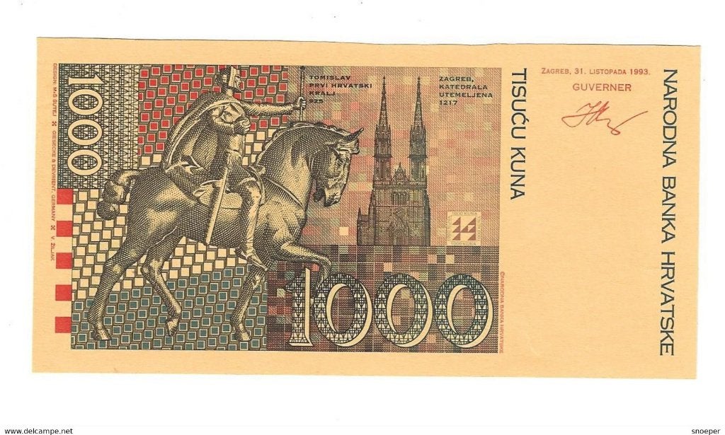 croatia proof trial print 1000 kuna 1993 35 unc 2 side's, Postzegels en Munten, Ophalen of Verzenden, Overige landen, Los biljet