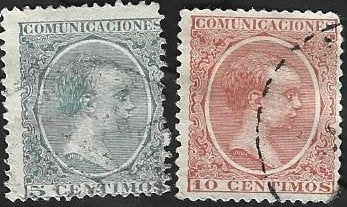 2 Postzegels Spanje 1899 Koning Alfons XIII, Postzegels en Munten, Postzegels | Europa | Spanje, Ophalen of Verzenden, Gestempeld