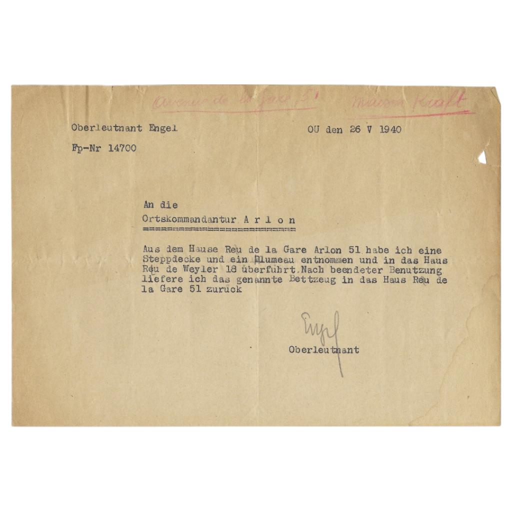 Document allemand - Réclamation Arlon - 1940, Enlèvement ou Envoi, Armée de terre, Autres types