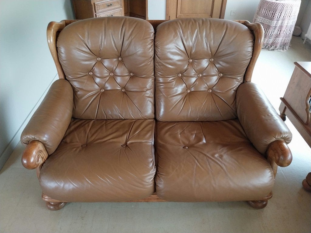 salon 2 zit, Ophalen, Gebruikt, Hout, Oud eik met leder