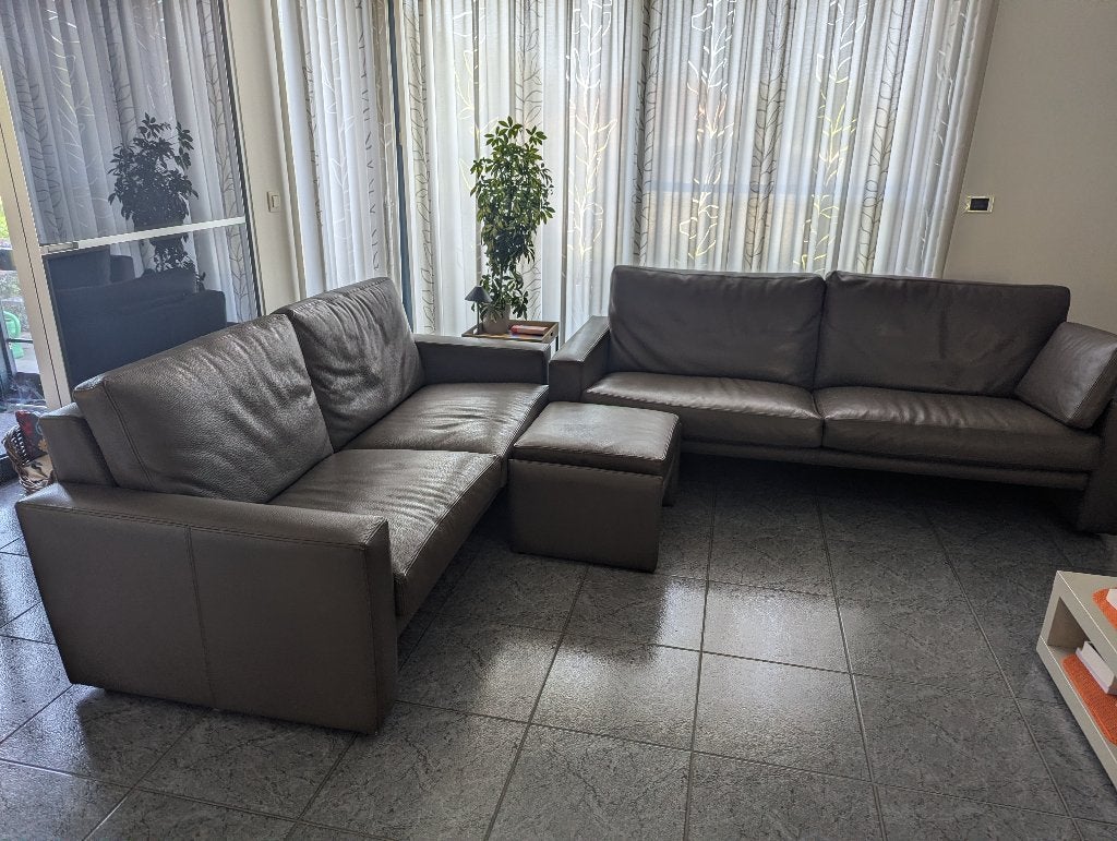 Zetel (bruine lederen salon, 3-delig) italiaans, Huis en Inrichting, Zetels | Zetels, Gebruikt, Rechte bank, Driepersoons, 200 tot 250 cm