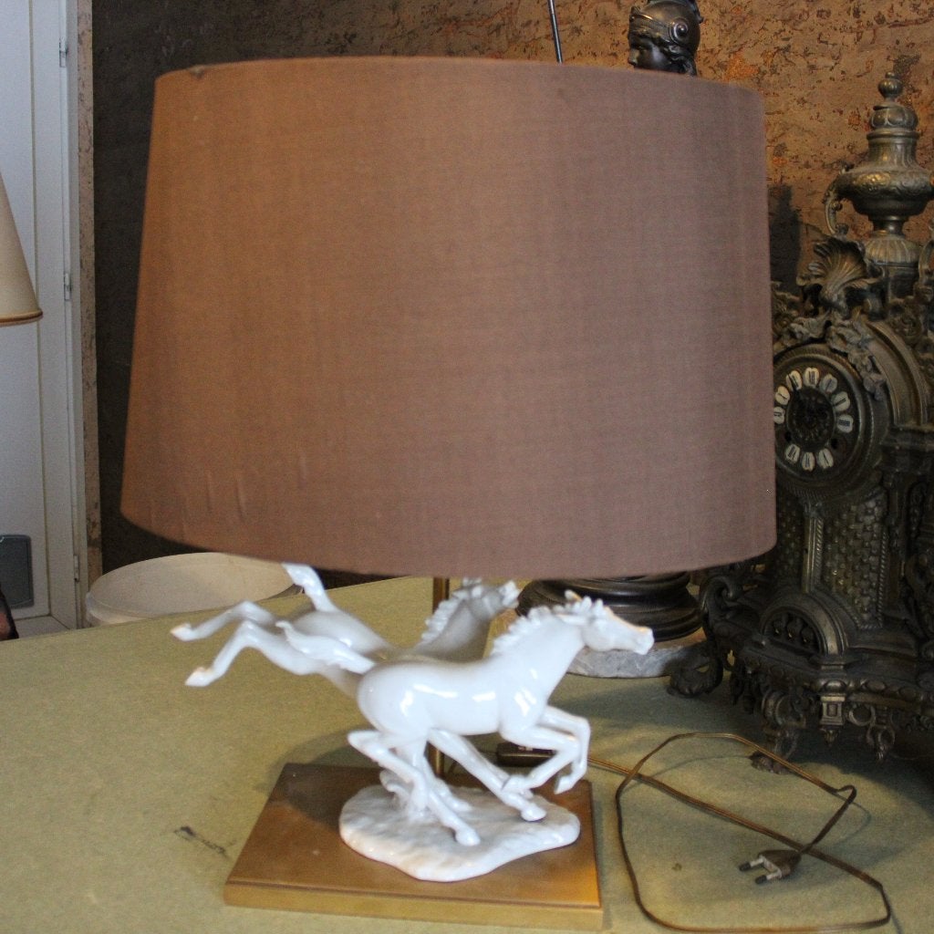 Vintage Design Tafellamp met Porseleinen Paarden, Blanc, Enlèvement ou Envoi, Design