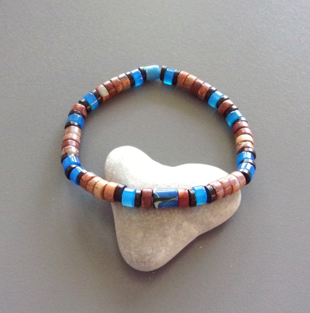 Bracelet amérindien homme ou femme agates bleues serpentine, Bijoux, Sacs & Beauté, Bracelets, Enlèvement ou Envoi, Avec bracelets à breloques ou perles