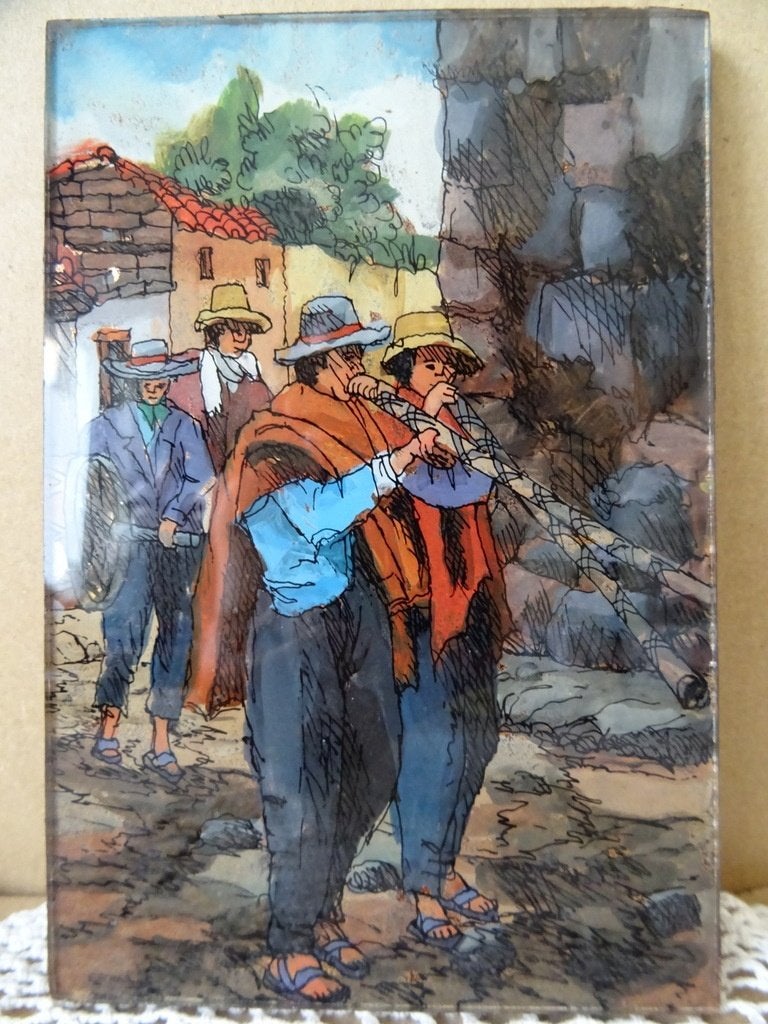 Peinture indigène du Pérou peinte derrière une vitre 10x15cm, Antiquités & Art, Enlèvement ou Envoi