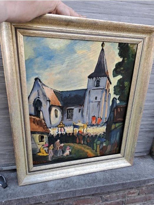Huile sur toile procession signe renee lefevre, Enlèvement ou Envoi, Toile