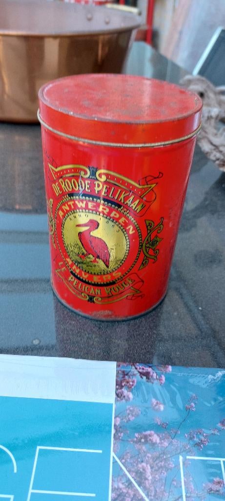 Oud koffieblik De Roode Pelikaan + verpakkingen koffie chico, Verzamelen, Ophalen of Verzenden, Gebruikt, Koffie, Overige merken
