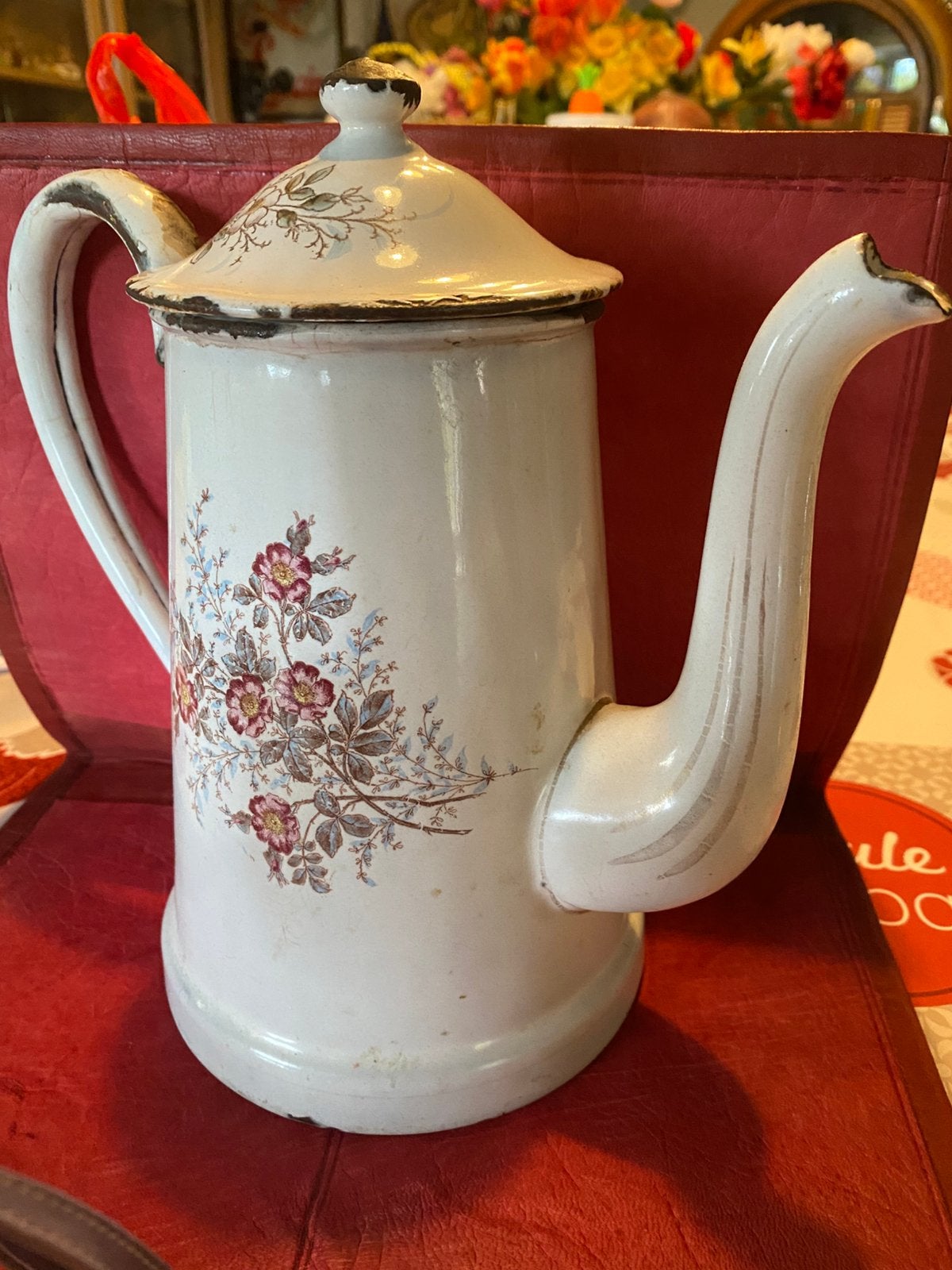 Prachtige koffiepot met bloemen. Geëmailleerd. Wijnoogst., Antiek en Kunst, Ophalen of Verzenden