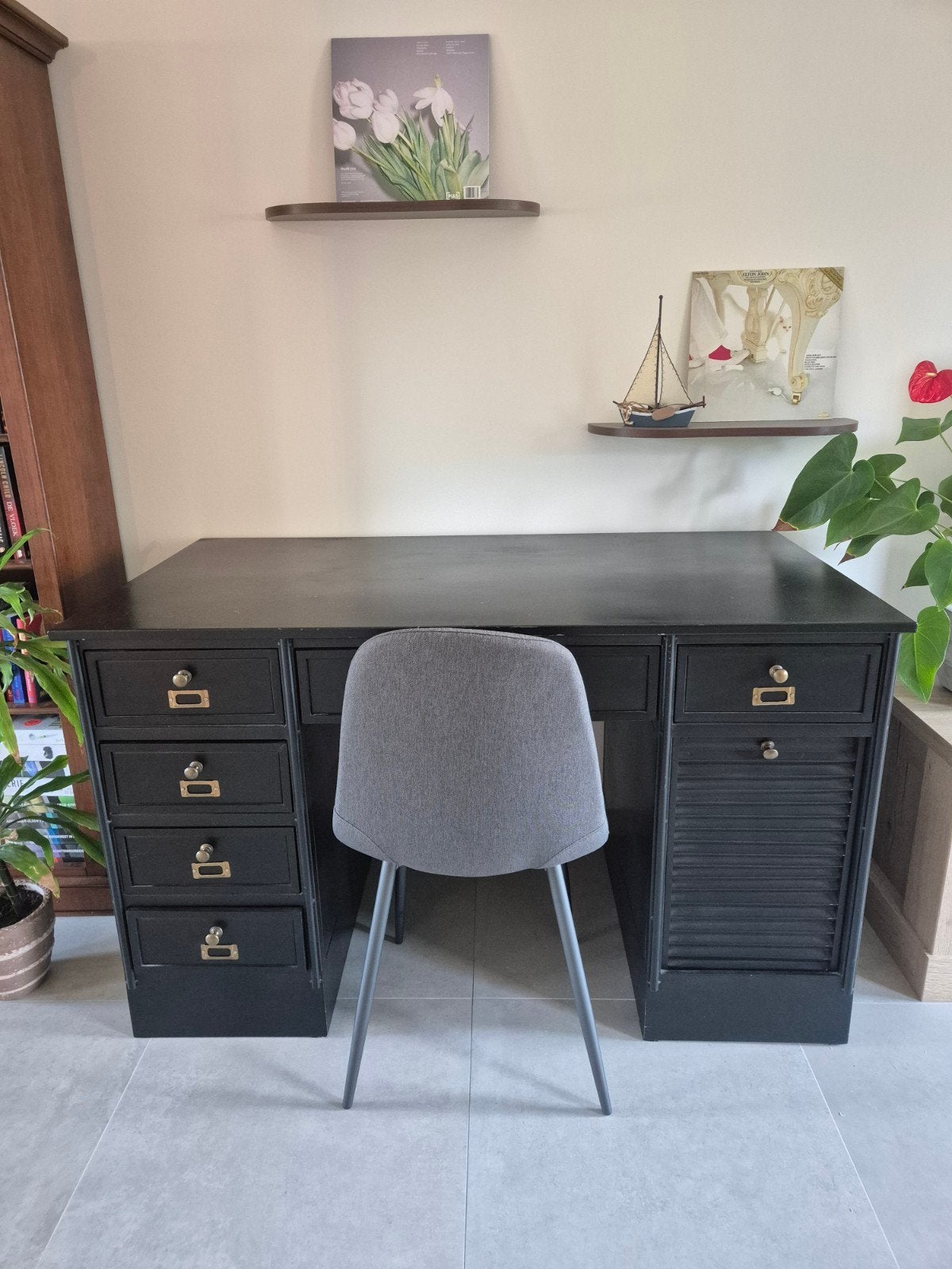 Zwarte metalen bureau, Bureau d'écolier, 135 cm, Métal, Avec tiroirs