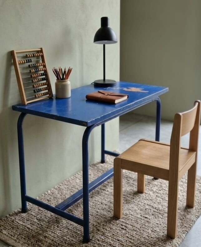 Vintage schoolbankje / kinderbureau – kobaltblauw, Vintage, Enlèvement, Bureau enfant