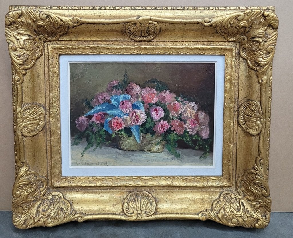 R. VAN DIEPENBEECK, stilleven met pioenrozen en blauwe strik, Antiek en Kunst, Kunst | Schilderijen | Klassiek, Bloemen, Paneel