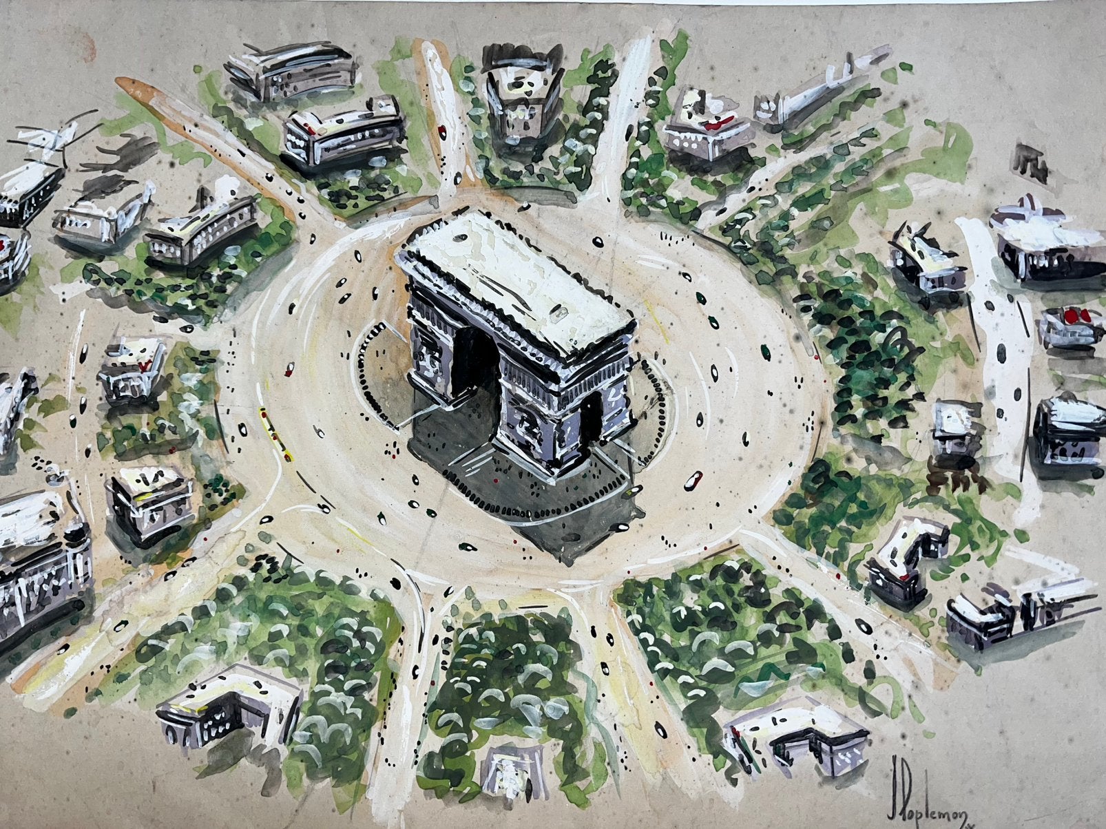 1954 gouache aquarelle Parijs Place de l’ étoile Arc Paris, Antiek en Kunst, Ophalen of Verzenden, Gesigneerd, Aquarel, Stadsgezicht