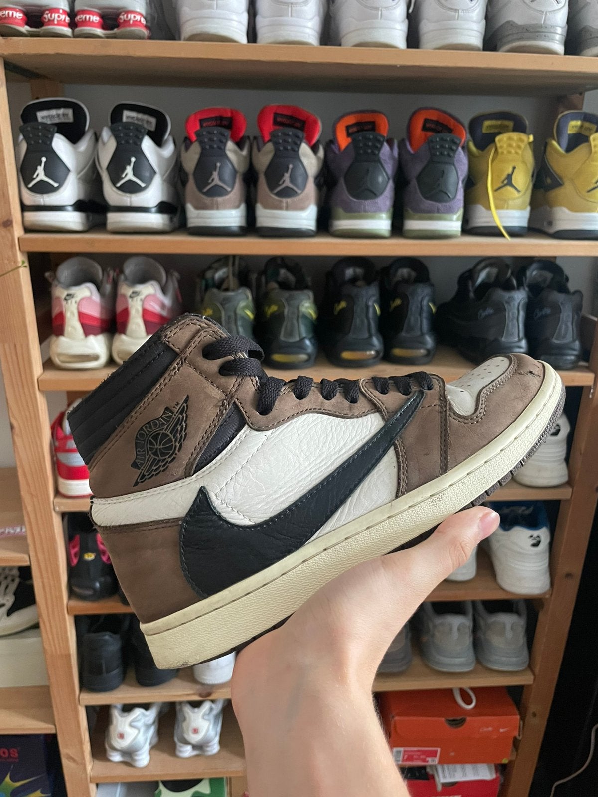 Jordan 1 travis scott, Enlèvement ou Envoi, Brun, Porté, Baskets