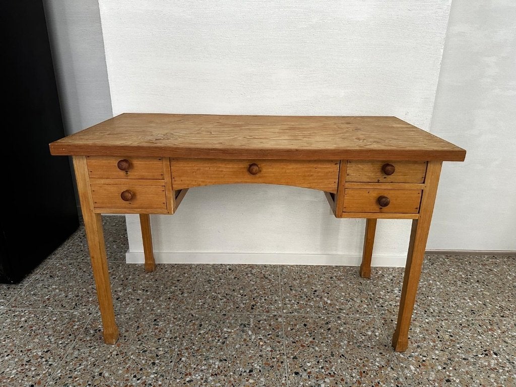 Charmant vintage houten bureau / schrijftafel – 5 lades, Ophalen, Overige typen, Gebruikt, 62 cm
