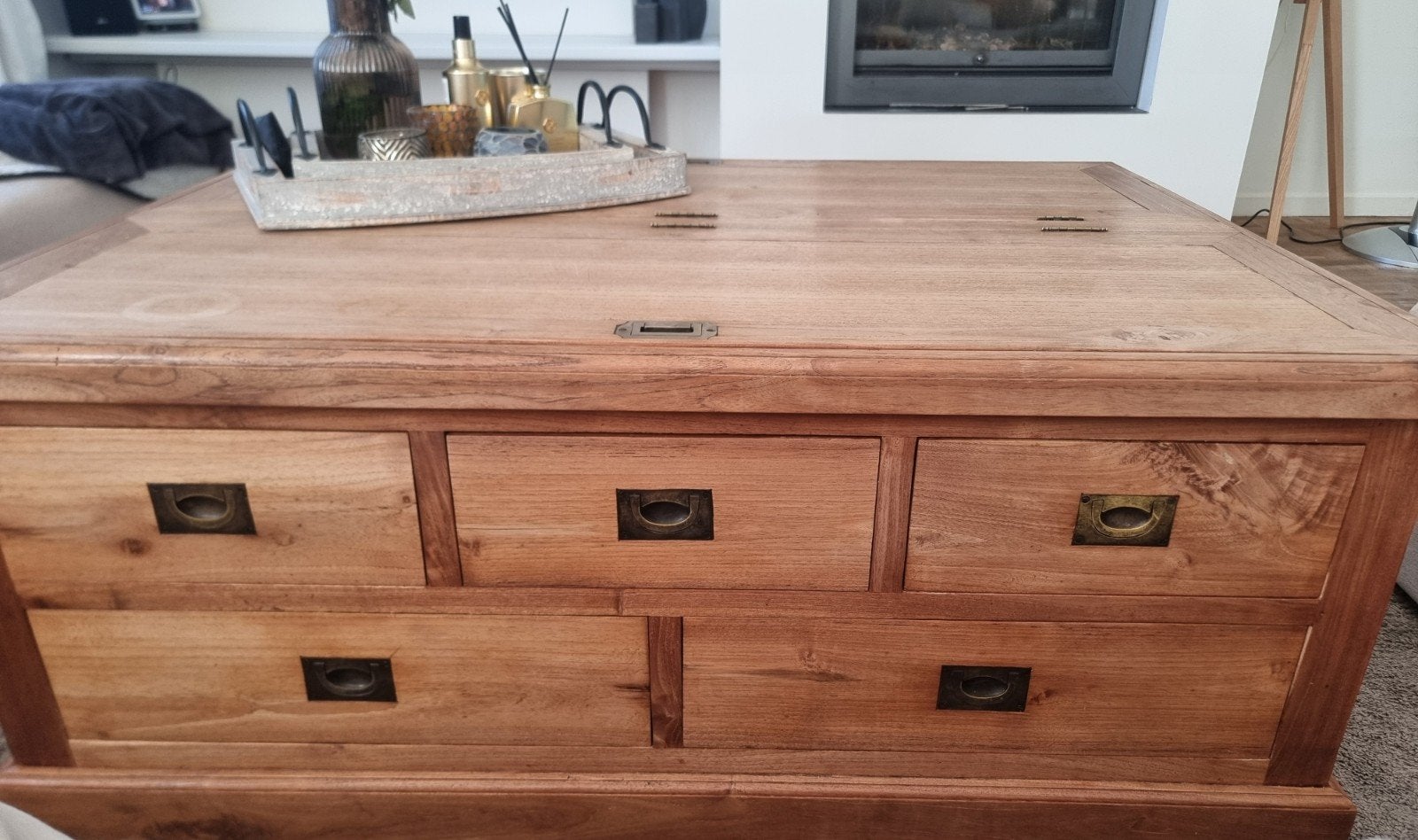 Salontafel echt teak met opbergruimte en schuiven., Ophalen, Gebruikt, 100 tot 150 cm, Teakhout