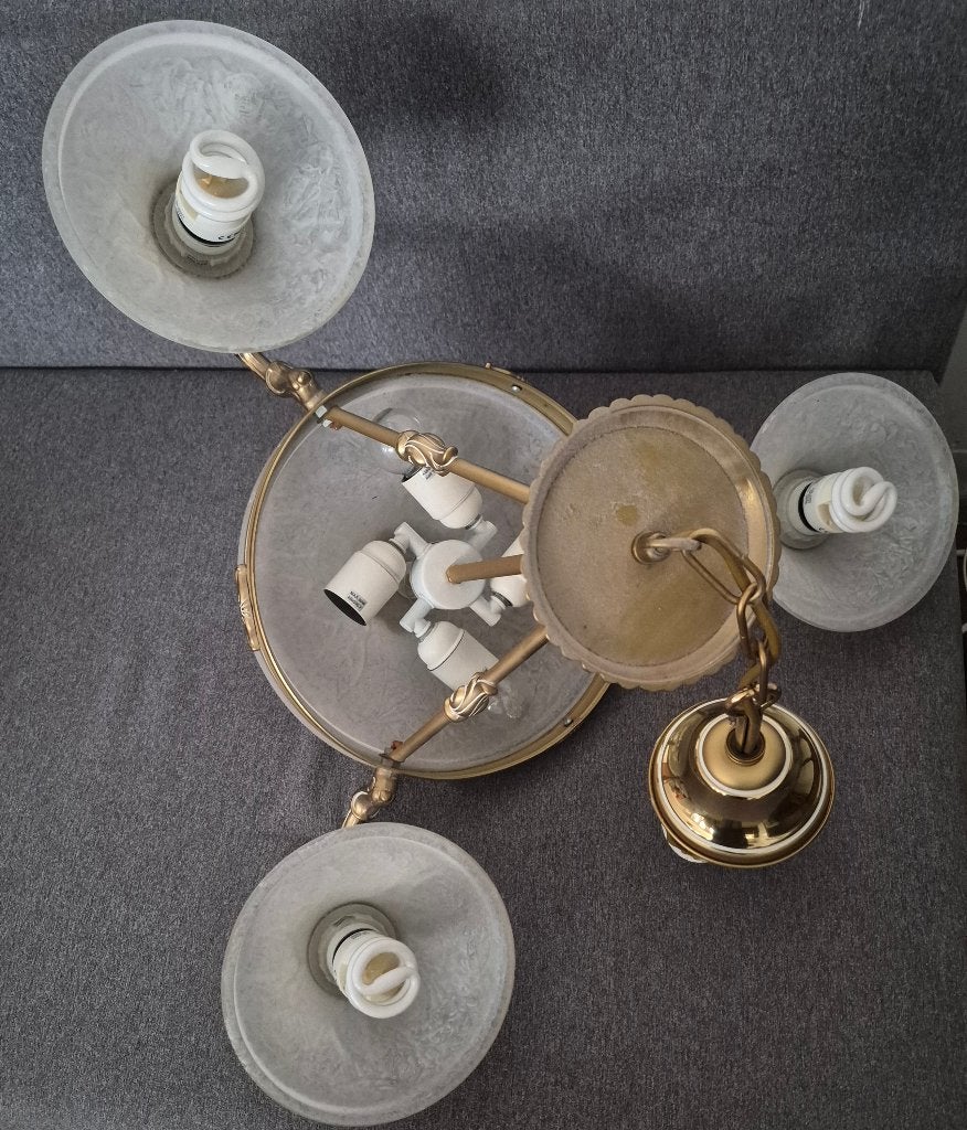 Vintage Spaanse kroonluchter messing en matglas, Huis en Inrichting, Ophalen, Zo goed als nieuw, Overige materialen