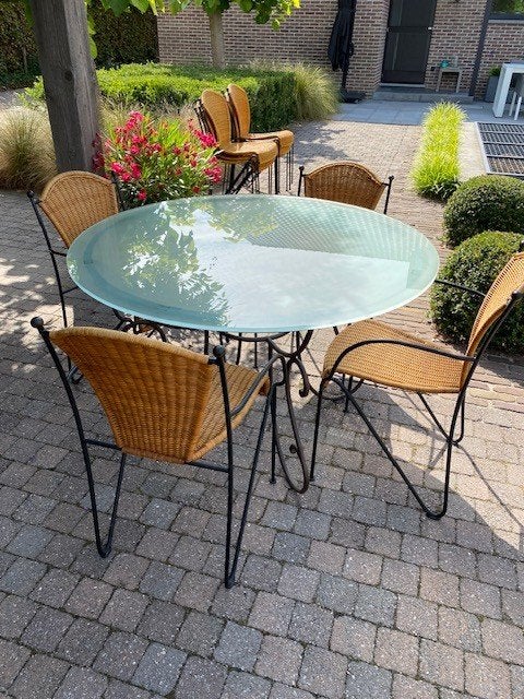 Tafel metaal-glas + stoelen, Huis en Inrichting, Ophalen, Gebruikt, Vijf personen of meer, Glas