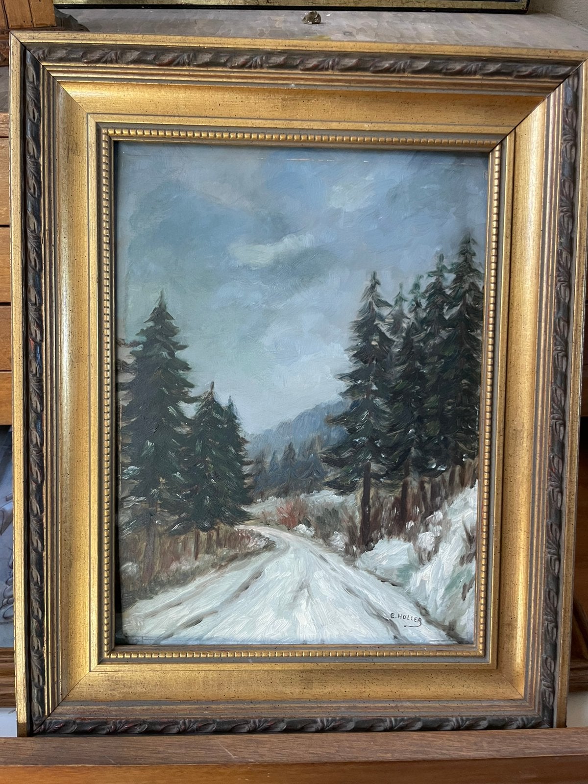 Sneeuw in de hoge venen. olieverf. E. Holler. 1956, Ophalen, Doek, Bijzondere lijst, Landschap