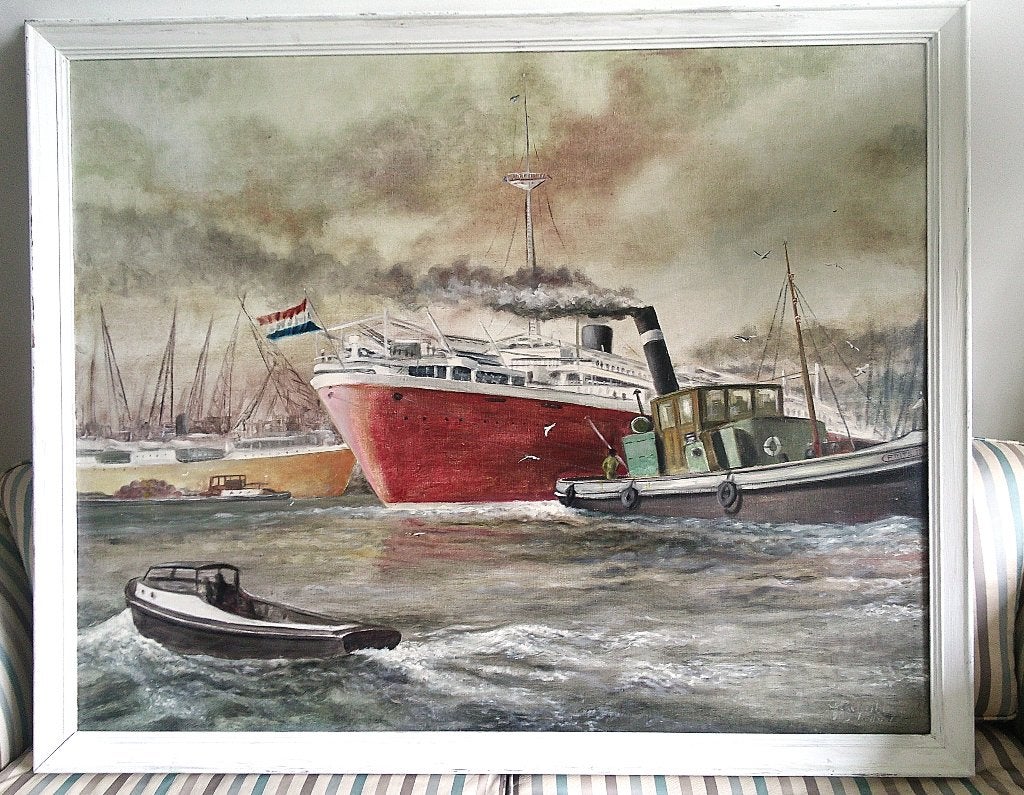 BIG) Très fréquenté dans le port - C. v. Ekelenburg, Antiquités & Art, Peinture à l'huile, Panneau, Enlèvement, Encadré