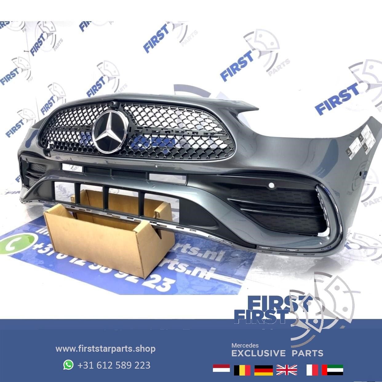 W206 AMG VOORBUMPER + STARS GRIL EN ROOSTERS 2021-2025 GRIJS, Gebruikt, -, Voor, Ophalen of Verzenden