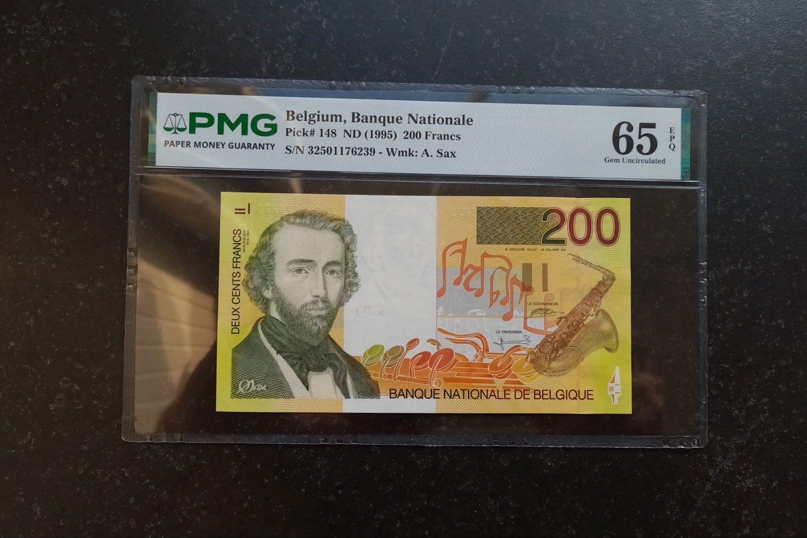 topkwaliteit 200 francs Adolphe Sax PMG65 EPQ, Postzegels en Munten, Ophalen of Verzenden, Los biljet