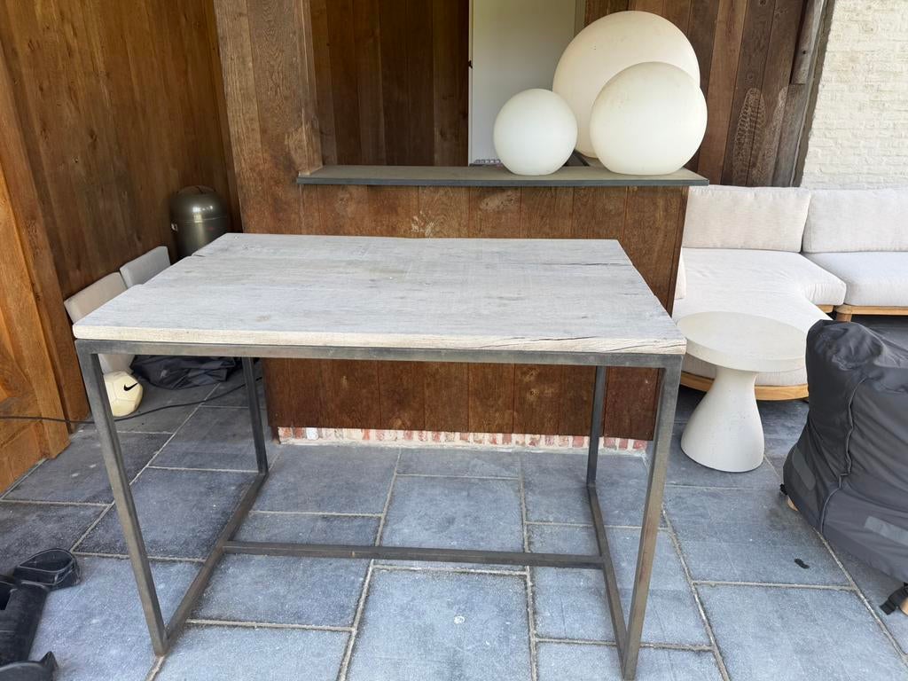 Eiken blad / smeedijzer poten  buiten tafel, Ophalen, Gebruikt, Rechthoekig