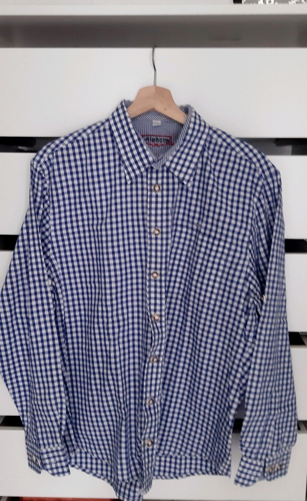 Herenhemd Beierse stijl maat L, Ophalen, Zo goed als nieuw, Blauw, Halswijdte 41/42 (L)